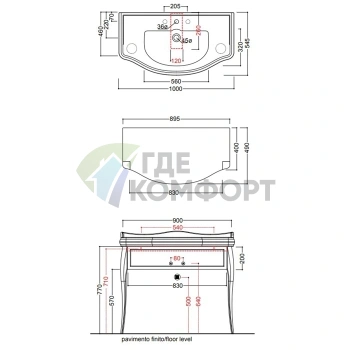 Раковина KERASAN Retro 100x54.5 см черная блестящая с одним отверстием и черными ножками (2 шт.) (105004 nero*1) - фото 4