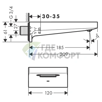 Излив для ванны Hansgrohe Metropol 185 мм настенный в шлифованной бронзе (32543140) - фото 2