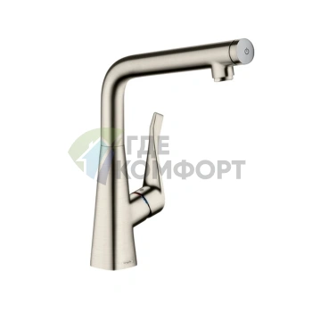 Смеситель для кухни Hansgrohe Metris Select: поворотный излив и кнопка включения воды в стильном металлике (14883800) - фото 1