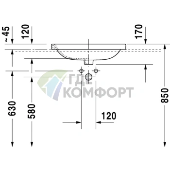 Раковина Duravit DuraStyle 560x455 мм: Встраиваемая сверху с переливом, белая, 1 отв. под смеситель (374560000) - фото 2