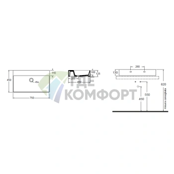 Подвесная раковина AZZURRA ELEGANCE 75x45 см белая без отверстия под смеситель - фото 3