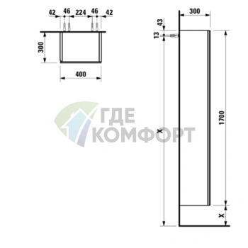 Шкаф подвесной Laufen Alessi One 400x300x1700 мм с зеркальной дверцей и 4 полками (цвет орех) (4.5802.1.097.630.1) - фото 2