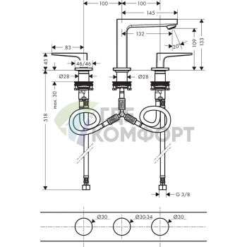 Смеситель для раковины Hansgrohe Metropol на 3 отверстия с донным клапаном, хром (32514000) - фото 2