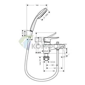Смеситель для ванны Hansgrohe Metris с вакуумным переключателем и ручным душем Croma 100 Vario, хром (31422000) - фото 2