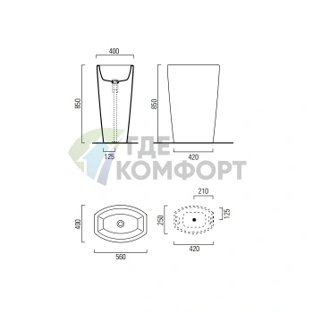 Отдельностоящая раковина GSI Norm 56x40x85 см без перелива, белая, со сливом в пол - фото 2