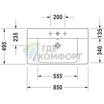 Встраиваемая раковина Duravit P3 Comforts 850x500 мм белого цвета с отверстием под смеситель (2332850000) - фото 2