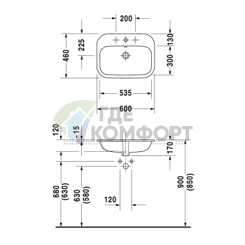 Раковина накладная Duravit Happy D2 с переливом и 3 отверстиями под смеситель, хром, 600x460 мм (483600030) - фото 2