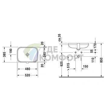 Встраиваемая раковина DURAVIT Happy D2 48x34.5 см без отверстия, белая (457480000) - фото 2