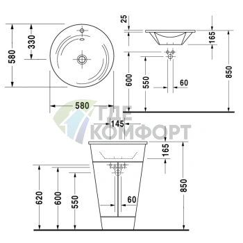 Раковина Duravit круглая 580 мм белая с переливом и отверстием под смеситель (406580000) - фото 2