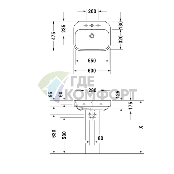 Раковина Duravit Happy D2 600x475 мм с тремя отверстиями, белая (2316600030) - фото 2