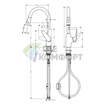 Кухонный смеситель Hansgrohe Focus M42 с выдвижным душем в цвете под сталь (71800800) - фото 2