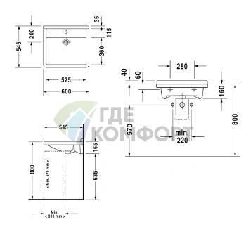 Подвесная раковина Duravit Starck III узкая 600х545 мм белая с переливом (312600000) - фото 4
