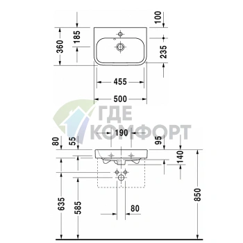Раковина DURAVIT Happy D2 для мебели 50x36 см белая с отверстием под смеситель (710500000) - фото 2