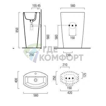 Напольная раковина GSI Norm 56x40h85 с переливом, отверстием под смеситель и сливом в стену, белая - фото 2