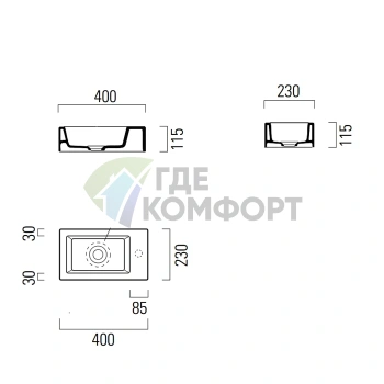 Раковина GSI Kube 40x23 см без перелива, белая, под смеситель - фото 2