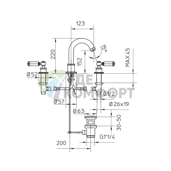 Смеситель для раковины Bossini Liberty на 3 отверстия с поворотным изливом (Z001302.094) - фото 2