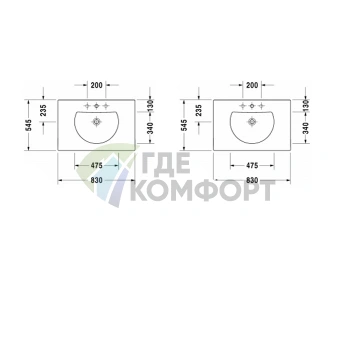 Раковина Duravit Darling New для мебели с переливом и 3 отверстиями под смеситель 830x545 мм белого цвета (499830030) - фото 2