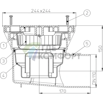 Трап HL605LW с решеткой 226x226 мм-с грязеуловителем и горизонтальным выпуском DN110 - фото 3