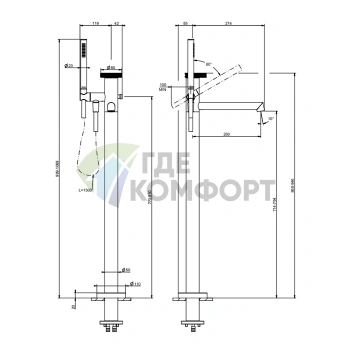 Напольный смеситель для ванны GESSI ANELLO с ручным душем, цвет Finox Brushed Nickel (63328#149) - фото 2