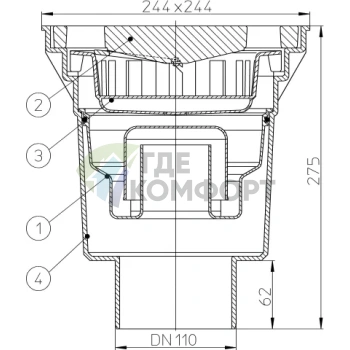 Трап HL606W с решеткой 226x226 мм-грязеуловителем и вертикальным выпуском DN110 - фото 3