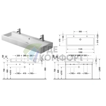Раковина Duravit Vero для встраивания в мебель с переливом и 2 отверстиями под смеситель, 1200x470 мм, белый (454120024) - фото 2