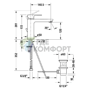 Смеситель для раковины Duravit B.3 на одно отверстие с донным клапаном, излив 141 мм, хром (B31020001010) - фото 2