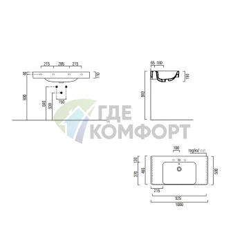 Подвесная раковина GSI Sand 100х50 см с переливом, 1 отв. под смеситель, белая - фото 2