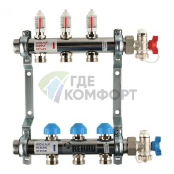 Коллекторная группа REHAU HKV-D на 3 выхода (РЕХАУ - 12080311002)1x3/4ЕК из нержавеющей стали с регулирующими и термостатическими вентилями и расходомерами - фото 1