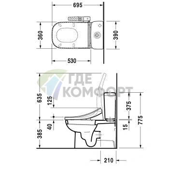 Унитаз Duravit D-Code моноблок с отдельным бачком 695x360 мм, универсальный слив, белый (21420900002) - фото 2