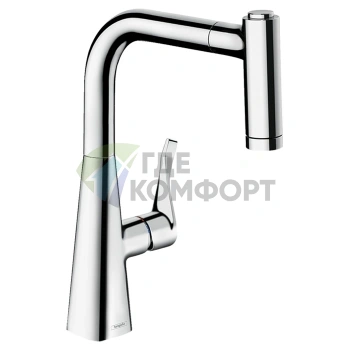 Кухонный смеситель Hansgrohe Metris с поворотным выдвижным изливом 2jet в хроме (14834000) - фото 1