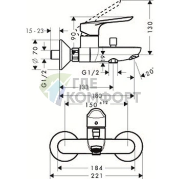 Смеситель для ванны Hansgrohe Logis E настенный с переключателем на душ (71403000) - фото 2