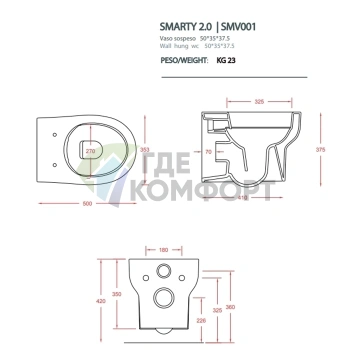 Унитаз подвесной безободковый ARTCERAM SMARTY 37x50 см белый (SMV001 01 00) - фото 2