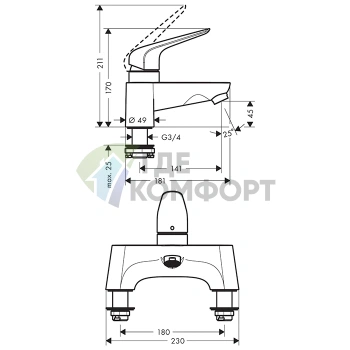 Смеситель Hansgrohe Novus для установки на борт ванны с коротким изливом (71043000) - фото 2