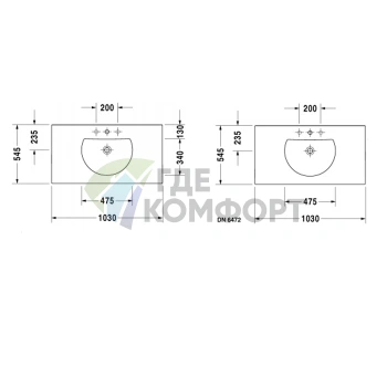 Раковина Duravit Darling New для мебели с 3 отверстиями под смеситель 1030x545мм Белый (499100030) - фото 2