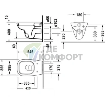 Подвесной унитаз Duravit D-Code с сиденьем с системой мягкого закрывания (253509+006739)) - фото 2