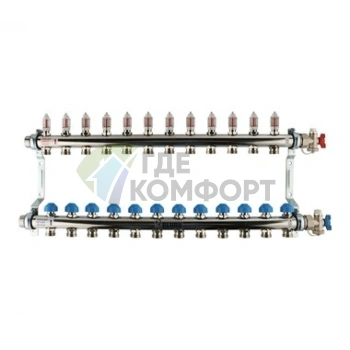 Коллекторная группа REHAU HKV-D на 12 выходов (РЕХАУ - 12081211002)1x3/4ЕК из нержавеющей стали с регулирующими и термостатическими вентилями и расходомерами - фото 1