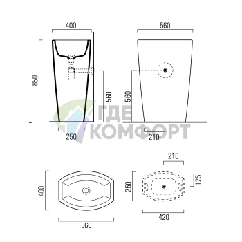 Раковина GSI Norm отдельностоящая белая 56x40x85 см без перелива со сливом в стену - фото 2