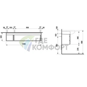 Тумба под раковину Laufen Alessi One, 1350×320×490 мм, 2 ящика, белый глянец (4.2436.0.097.631.1) - фото 2