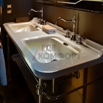 Двойная керамическая раковина Kerasan Waldorf 150×55 см, белая, с 3 отверстиями под смеситель (4143K1bi/cr*3) - фото 4