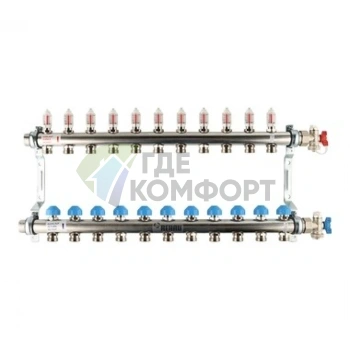 Коллекторная группа REHAU HKV-D на 11 выходов (РЕХАУ - 12081111002)1x3/4ЕК из нержавеющей стали с регулирующими и термостатическими вентилями и расходомерами - фото 1