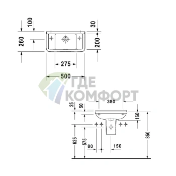 Белая подвесная раковина Duravit Starck 3 500x260 мм с переливом и отверстием слева (751500009) - фото 2