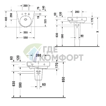 Подвесная раковина Duravit 550x500 мм белого цвета с пьедесталом (2323550000) - фото 2
