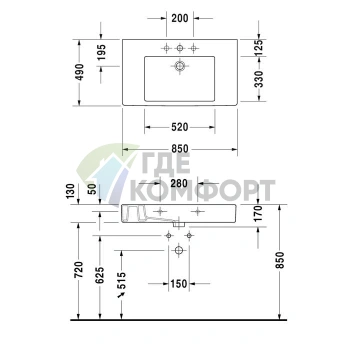 Раковина Duravit Vero для мебели с 3 отверстиями под смеситель 850x490 мм белая (329850030) - фото 4