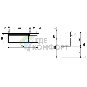 Тумба под раковину Laufen Alessi One 814974 с двумя ящиками и сифоном, 990x320x485 мм, цвет орех (4.2450.0.097.630.1) - фото 2