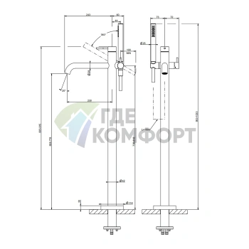 Напольный смеситель для ванны GESSI 316 с душевой лейкой, цвет Black XL (54028#299) - фото 2