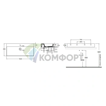 Подвесная раковина AZZURRA ELEGANCE 102x45 см белого цвета с отверстием под смеситель - фото 2