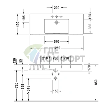 Раковина Duravit Vero для мебели с переливом и отверстием под смеситель 1250x490 мм, белая (329120000) - фото 4