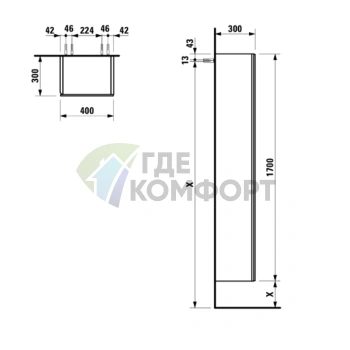 Шкаф подвесной Laufen Alessi One с зеркальной дверью и подсветкой, 400x300x1700 мм, цвет орех (4.5803.2.097.630.1) - фото 2