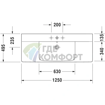 Раковина Duravit P3 Comforts для мебели с переливом 1250x500 мм белого цвета (2332120000) - фото 2