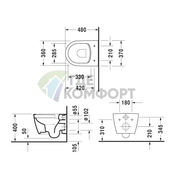 Унитаз подвесной Duravit ME by Starck Compact Rimless с покрытием WonderGliss (25300900001) - фото 2
